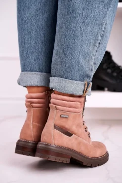 Online Damskie Ocieplane Workery Trapery Różowe Timber Damskie Botki Sznurowane|Czarne Botki