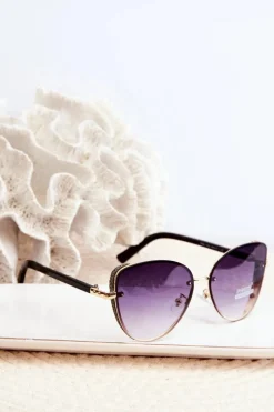 Clearance Damskie Okulary Przeciwsłoneczne Z Brokatowymi Wstawkami UV400 Czarno-Złote Okulary