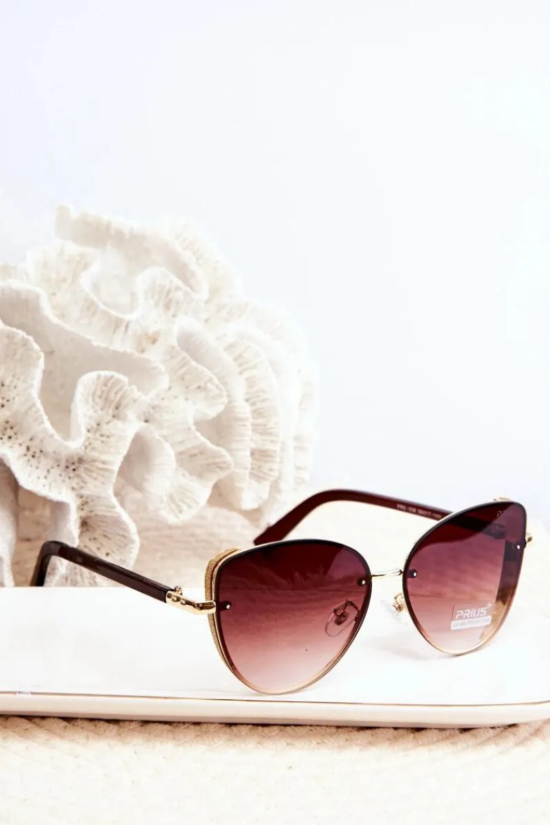 Best Damskie Okulary Przeciwsłoneczne Z Brokatowymi Wstawkami UV400 Brązowo-Złote Okulary