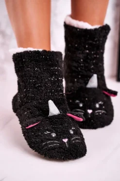 Discount Aura.via Damskie Papcie Ocieplane Kożuszkiem Czarne Nyan Cat