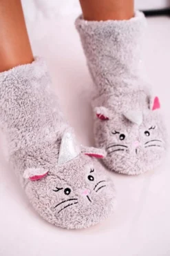 Kapcie Klasyczne>Aura.via Damskie Papcie Ocieplane Kożuszkiem Szare Nyan Cat