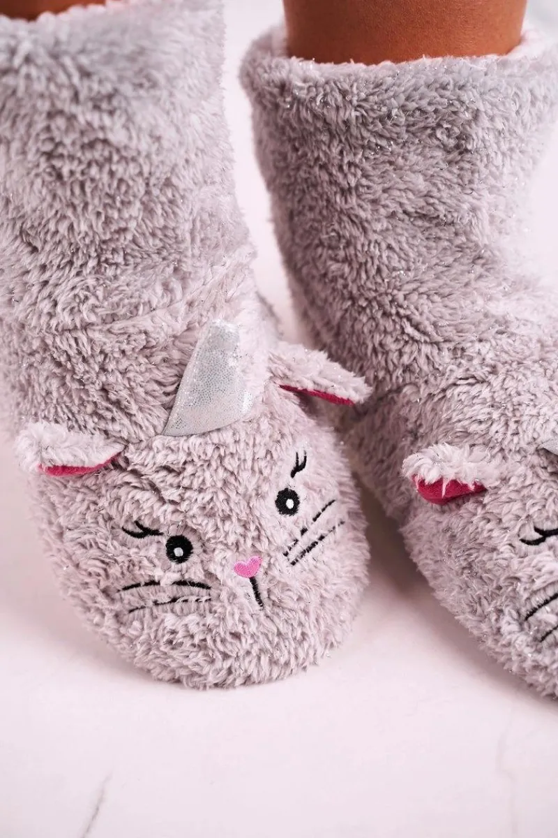 Kapcie Klasyczne>Aura.via Damskie Papcie Ocieplane Kożuszkiem Szare Nyan Cat