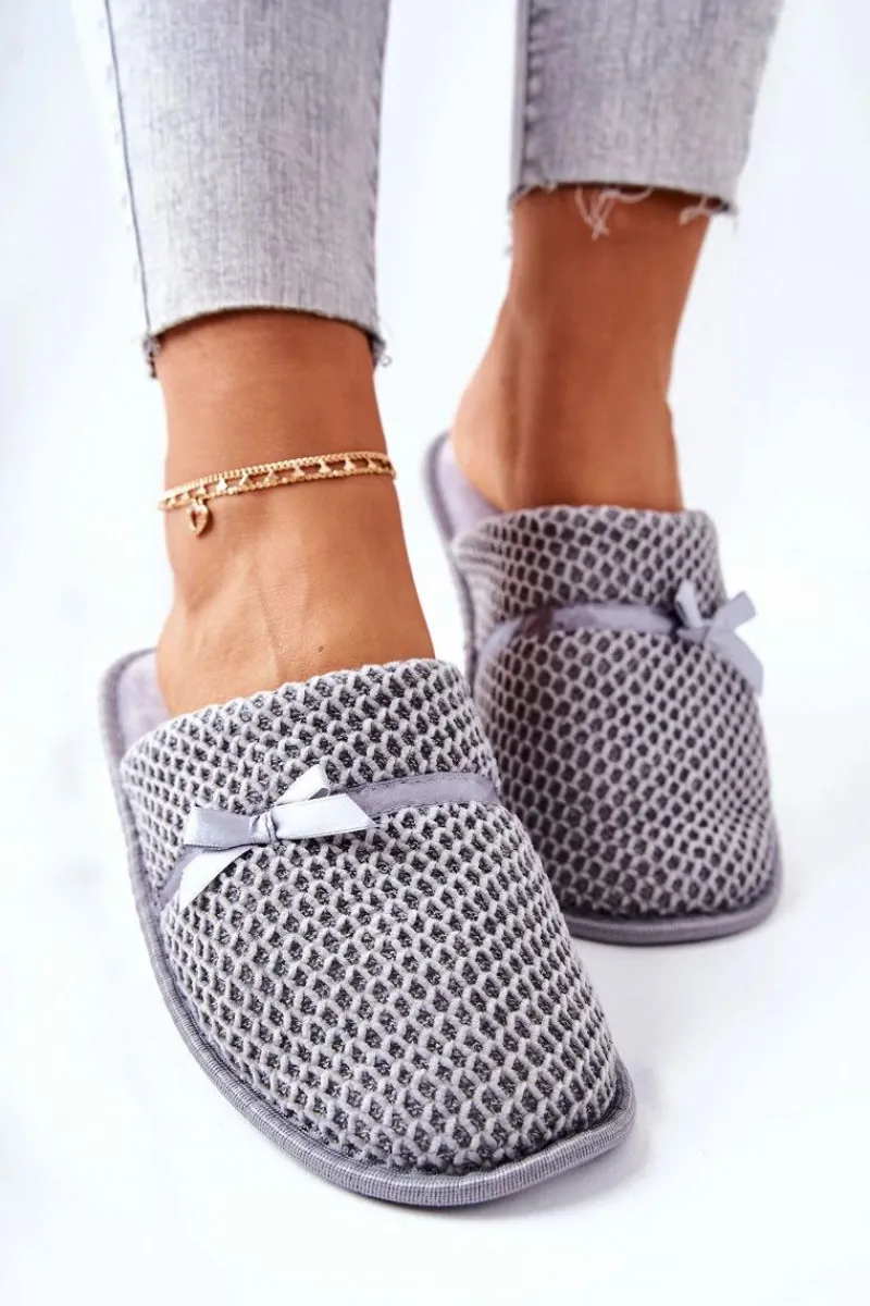 Discount Damskie Papcie Z Kokardką Szare Evira Damskie Kapcie Klasyczne