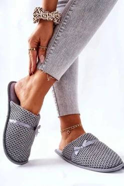 Discount Damskie Papcie Z Kokardką Szare Evira Damskie Kapcie Klasyczne