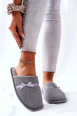 Discount Damskie Papcie Z Kokardką Szare Evira Damskie Kapcie Klasyczne