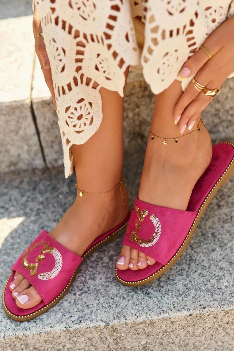 Klapki Damskie Klasyczne>Damskie buty S.Barski Damskie Płaskie Klapki Z Cekinami S.Barski KV27-052 Fuksja Różowy