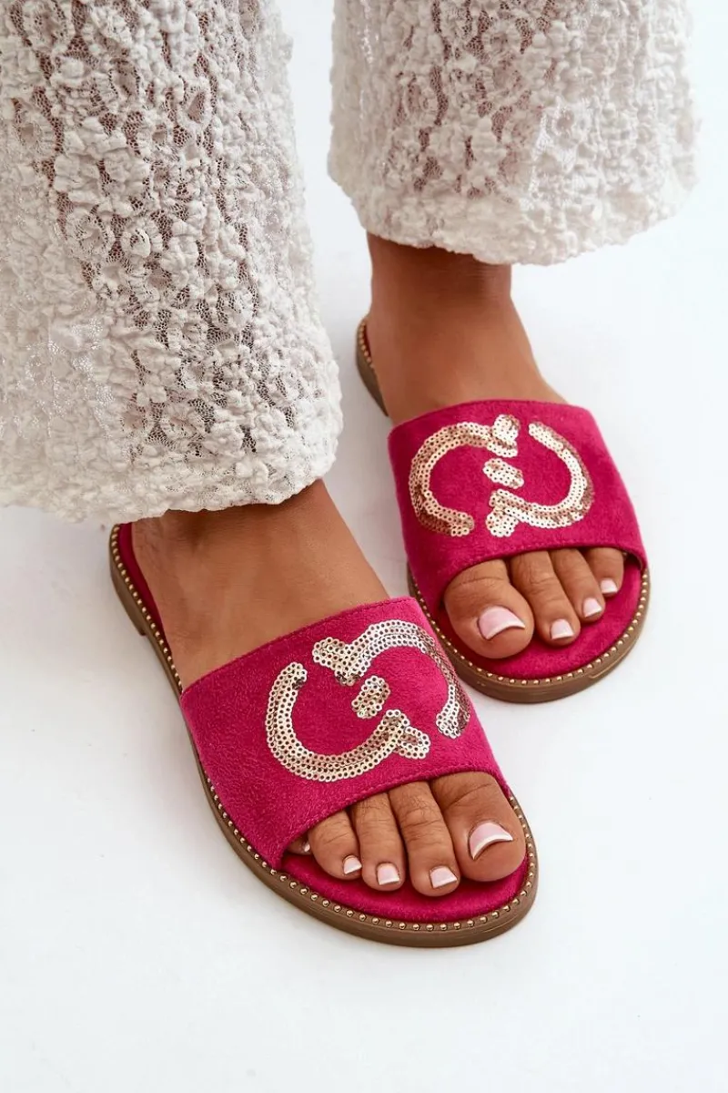 Klapki Damskie Klasyczne>Damskie buty S.Barski Damskie Płaskie Klapki Z Cekinami S.Barski KV27-052 Fuksja Różowy