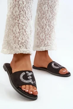 Online Damskie Płaskie Klapki Z Cekinami S.Barski KV27-052 Czarne Damskie Klapki Damskie Klasyczne