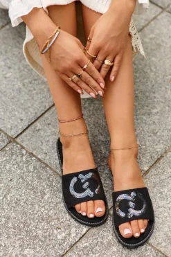 Online Damskie Płaskie Klapki Z Cekinami S.Barski KV27-052 Czarne Damskie Klapki Damskie Klasyczne