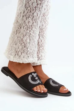 Online Damskie Płaskie Klapki Z Cekinami S.Barski KV27-052 Czarne Damskie Klapki Damskie Klasyczne