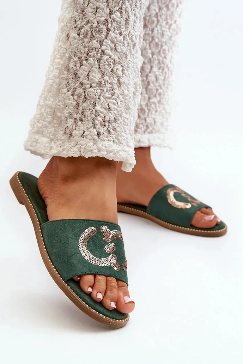 Damskie Płaskie Klapki Z Cekinami S.Barski KV27-052 Zielone Damskie Klapki Damskie Klasyczne