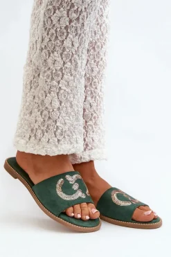 Damskie Płaskie Klapki Z Cekinami S.Barski KV27-052 Zielone Damskie Klapki Damskie Klasyczne