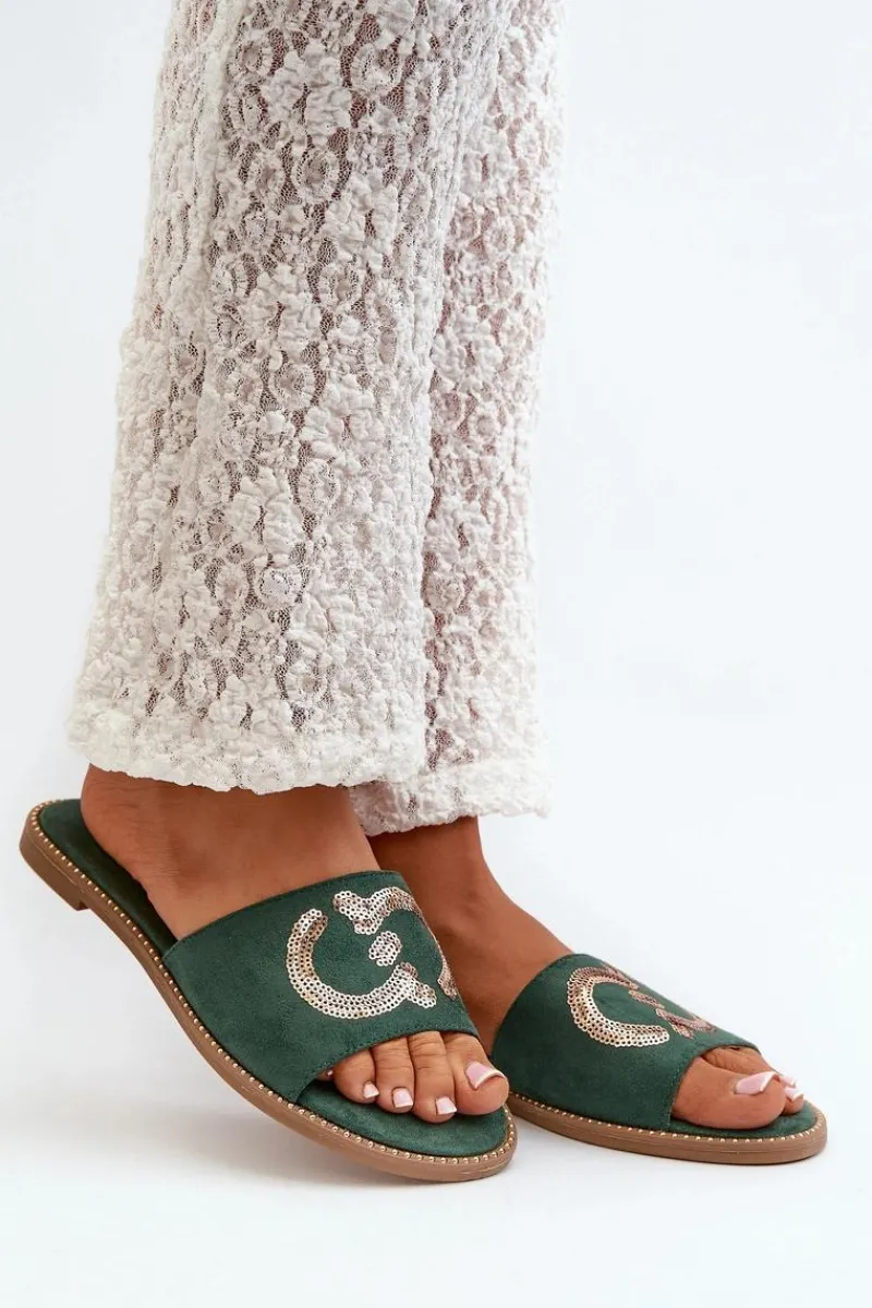 Damskie Płaskie Klapki Z Cekinami S.Barski KV27-052 Zielone Damskie Klapki Damskie Klasyczne