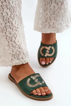 Damskie Płaskie Klapki Z Cekinami S.Barski KV27-052 Zielone Damskie Klapki Damskie Klasyczne