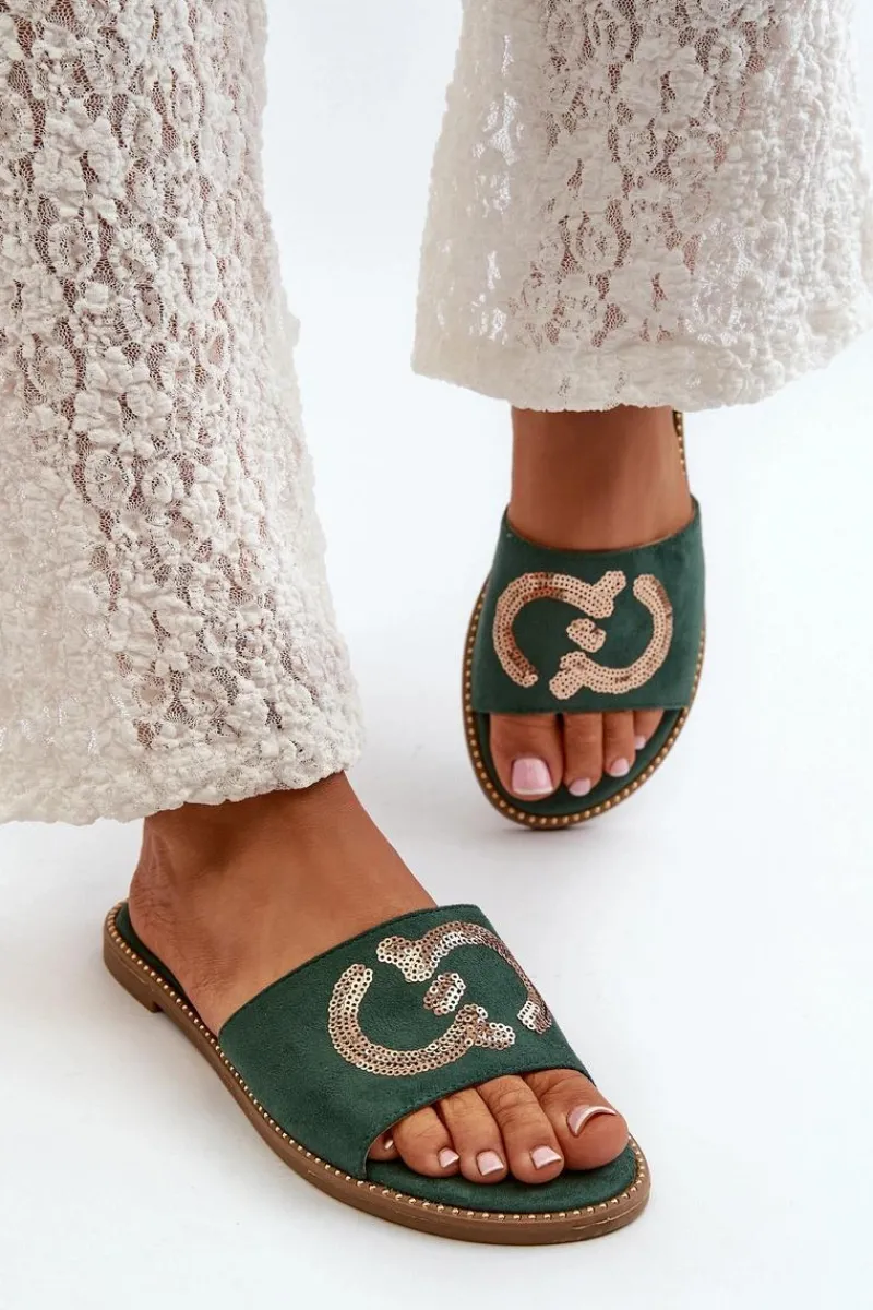 Damskie Płaskie Klapki Z Cekinami S.Barski KV27-052 Zielone Damskie Klapki Damskie Klasyczne