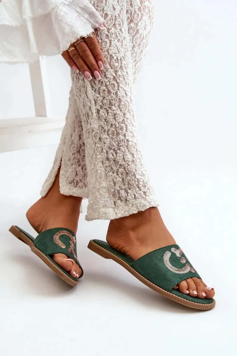 Damskie Płaskie Klapki Z Cekinami S.Barski KV27-052 Zielone Damskie Klapki Damskie Klasyczne