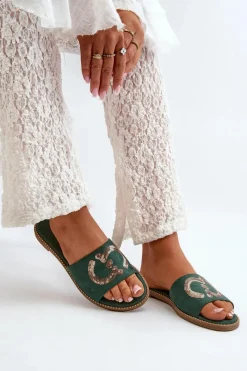 Damskie Płaskie Klapki Z Cekinami S.Barski KV27-052 Zielone Damskie Klapki Damskie Klasyczne