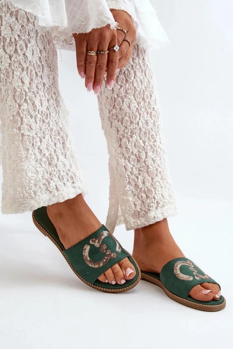 Damskie Płaskie Klapki Z Cekinami S.Barski KV27-052 Zielone Damskie Klapki Damskie Klasyczne