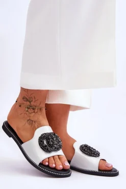 Damskie Płaskie Klapki Z Ozdobami S.Barski KV-520-3 Srebrne Damskie Klapki Damskie Klasyczne