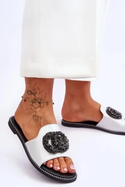 Damskie Płaskie Klapki Z Ozdobami S.Barski KV-520-3 Srebrne Damskie Klapki Damskie Klasyczne