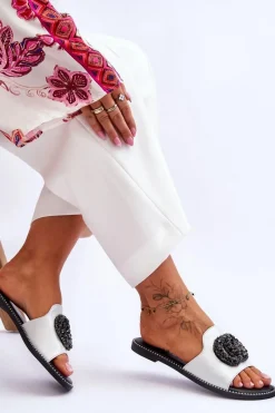 Damskie Płaskie Klapki Z Ozdobami S.Barski KV-520-3 Srebrne Damskie Klapki Damskie Klasyczne