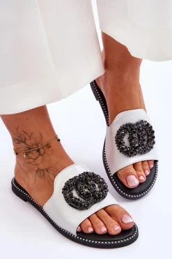 Damskie Płaskie Klapki Z Ozdobami S.Barski KV-520-3 Srebrne Damskie Klapki Damskie Klasyczne