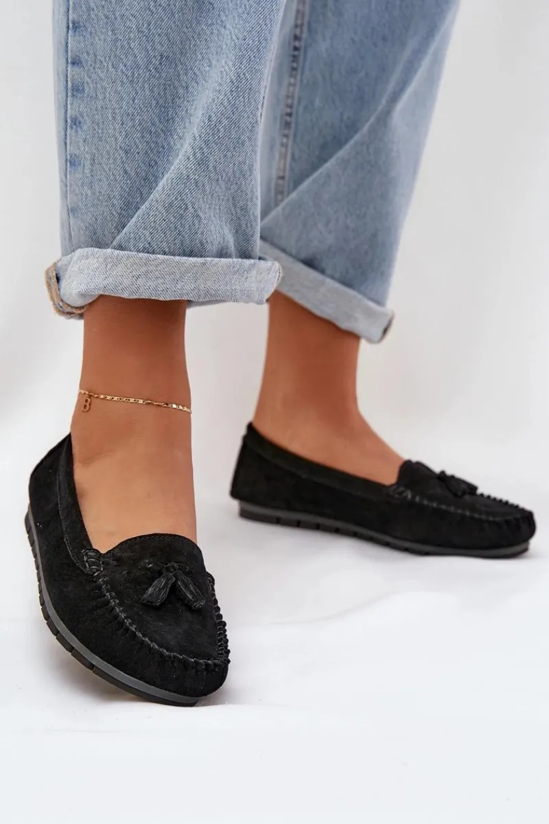 Discount Damskie buty S.Barski Damskie Płaskie Klasyczne Zamszowe Mokasyny S.Barski LR51-548 Czarne Czarny