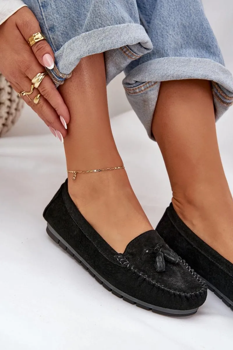 Discount Damskie buty S.Barski Damskie Płaskie Klasyczne Zamszowe Mokasyny S.Barski LR51-548 Czarne Czarny