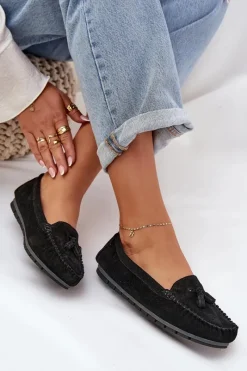 Discount Damskie buty S.Barski Damskie Płaskie Klasyczne Zamszowe Mokasyny S.Barski LR51-548 Czarne Czarny