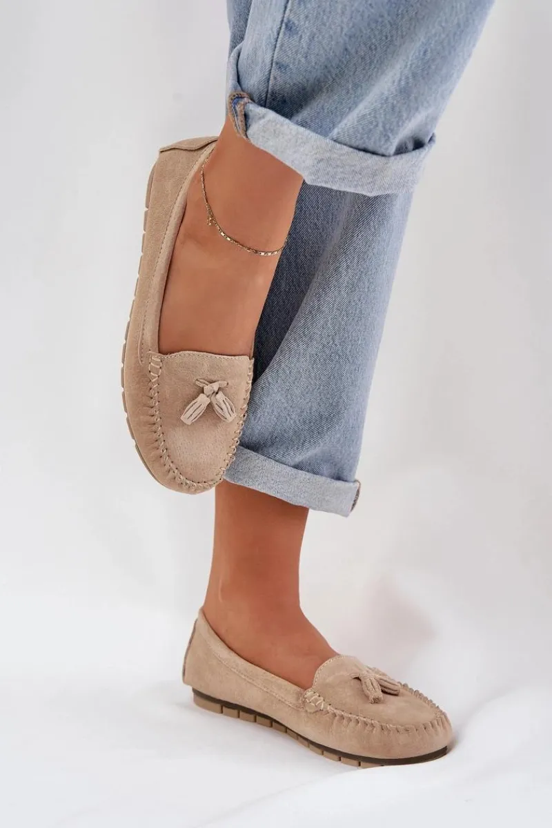 New Damskie Płaskie Klasyczne Zamszowe Mokasyny S.Barski LR51-548 Beżowe Damskie Loafersy Damskie|Mokasyny Damskie Zamszowe