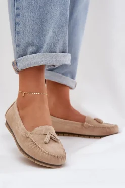 New Damskie Płaskie Klasyczne Zamszowe Mokasyny S.Barski LR51-548 Beżowe Damskie Loafersy Damskie|Mokasyny Damskie Zamszowe