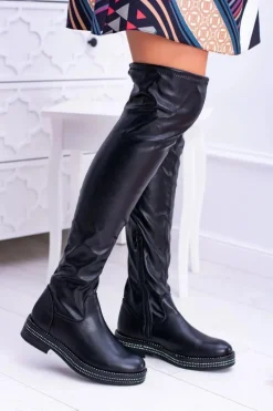 Clearance Damskie Płaskie Kozaki za Kolano Czarne Malata Damskie Kozaki Wiosenne|Kozaki Płaskie