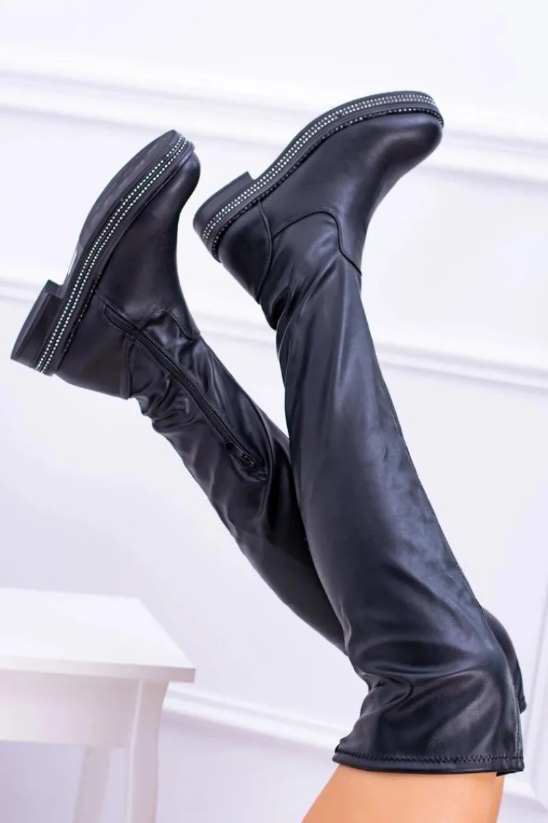 Clearance Damskie Płaskie Kozaki za Kolano Czarne Malata Damskie Kozaki Wiosenne|Kozaki Płaskie