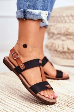 Discount Evento Damskie Płaskie Sandały Czarne Renna