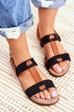 Discount Evento Damskie Płaskie Sandały Czarne Renna