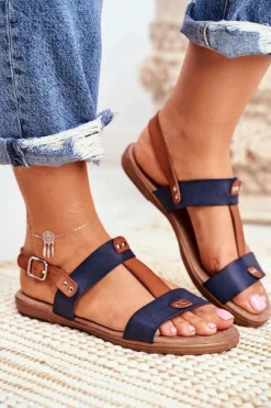 Best Damskie Płaskie Sandały Granatowe Renna Damskie Sandały Płaskie