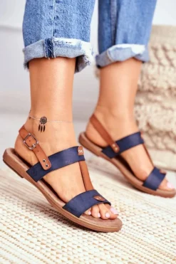 Best Damskie Płaskie Sandały Granatowe Renna Damskie Sandały Płaskie
