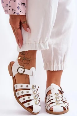 Best Boto Damskie Płaskie Sandały Z Cyrkoniami Białe Ascot