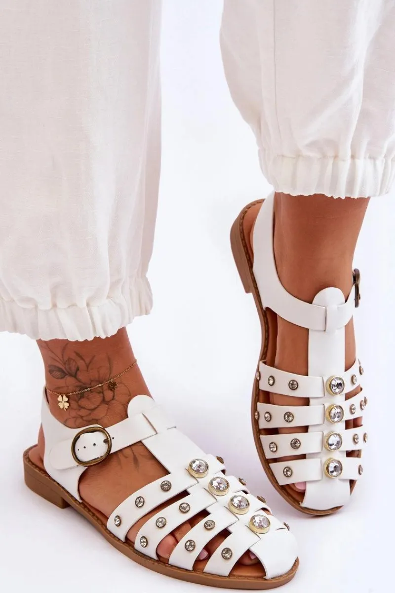 Best Boto Damskie Płaskie Sandały Z Cyrkoniami Białe Ascot