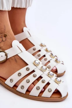 Best Boto Damskie Płaskie Sandały Z Cyrkoniami Białe Ascot