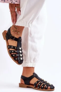 Sandały Płaskie>Boto Damskie Płaskie Sandały Z Cyrkoniami Czarne Ascot