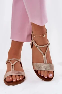 Discount Damskie Płaskie Sandały Z Paskami S.Barski KV51-120 Różowe Złoto Damskie Sandały Płaskie