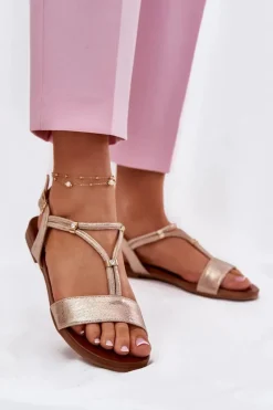 Discount Damskie Płaskie Sandały Z Paskami S.Barski KV51-120 Różowe Złoto Damskie Sandały Płaskie