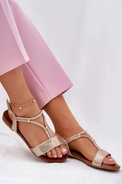 Discount Damskie Płaskie Sandały Z Paskami S.Barski KV51-120 Różowe Złoto Damskie Sandały Płaskie