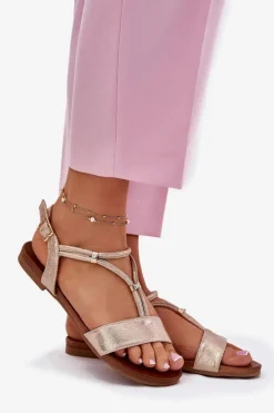 Discount Damskie Płaskie Sandały Z Paskami S.Barski KV51-120 Różowe Złoto Damskie Sandały Płaskie