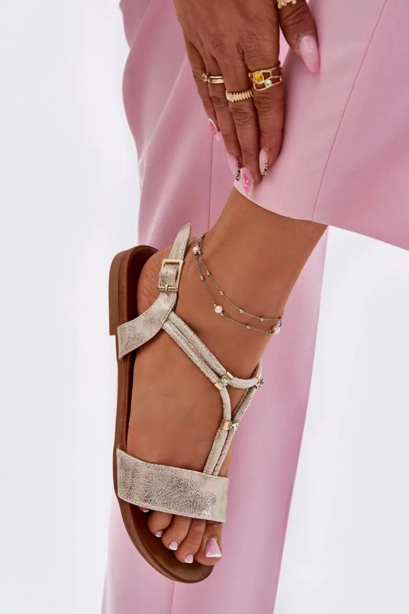 Damskie buty S.Barski Damskie Płaskie Sandały Z Paskami S.Barski KV51-120 Złote Złoty