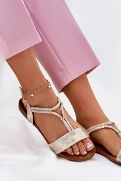 Damskie buty S.Barski Damskie Płaskie Sandały Z Paskami S.Barski KV51-120 Złote Złoty