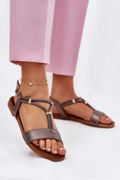 Sandały Płaskie>Damskie buty S.Barski Damskie Płaskie Sandały Z Paskami S.Barski KV51-120 Grafitowe Srebrny