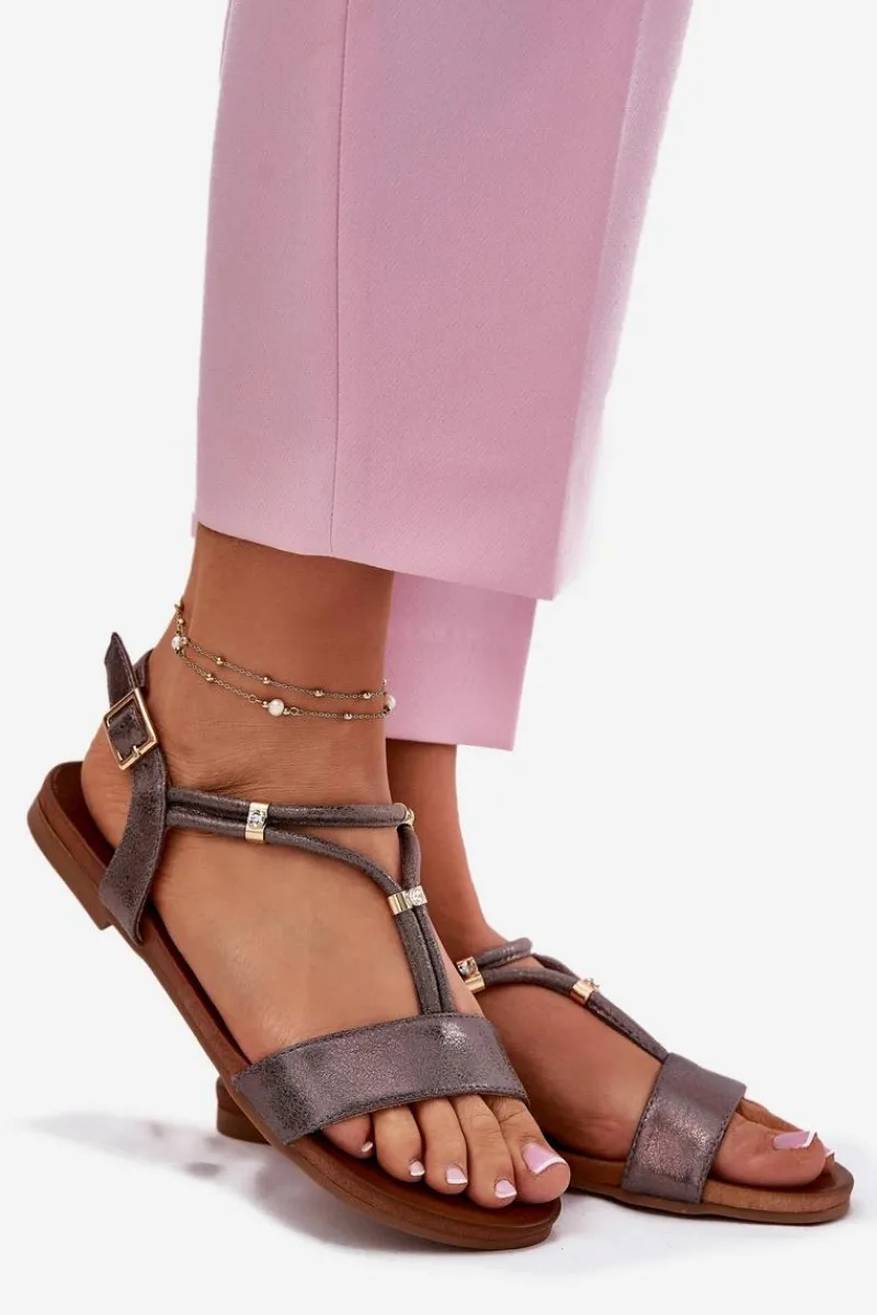 Sandały Płaskie>Damskie buty S.Barski Damskie Płaskie Sandały Z Paskami S.Barski KV51-120 Grafitowe Srebrny