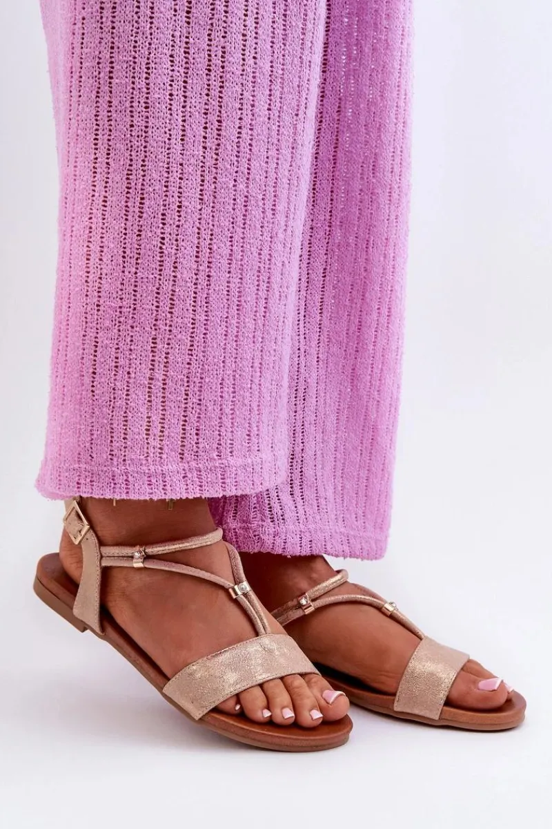 Sandały Płaskie>Damskie buty S.Barski Damskie Płaskie Sandały Z Paskami S.Barski KV27-010 Beżowo-Złote